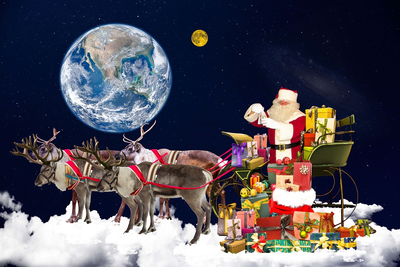 Kalėdos, Kalėdų Senelis, Kalėdų Motyvas, Dovanos, Pagamintas, Paketas, Skaidrių, Kalėdų Senelis, Šiaurės Elniai, Debesys
