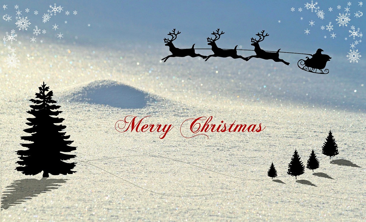 Kalėdos, Kalėdinis Atvirukas, Žiema, Sniego Kraštovaizdis, Šiaurės Elnių Rogės, Kalėdų Senelis, Kalėdų Sveikinimai, Sniegas, Miltelių Sniegas, Kalėdų Sveikinimas