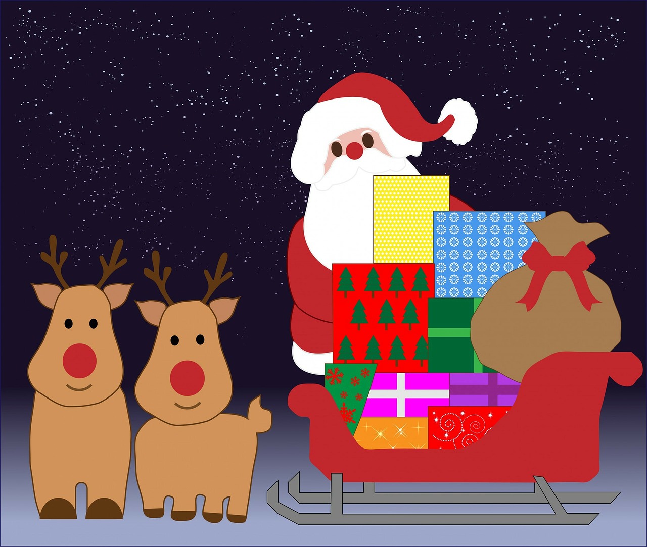 Kalėdos, Santa, Kalėdų Senelis, Kalėdų Senelis, Šiaurės Elniai, Dovanos, Rogės, Animacinis Filmas, Menas, Naktis