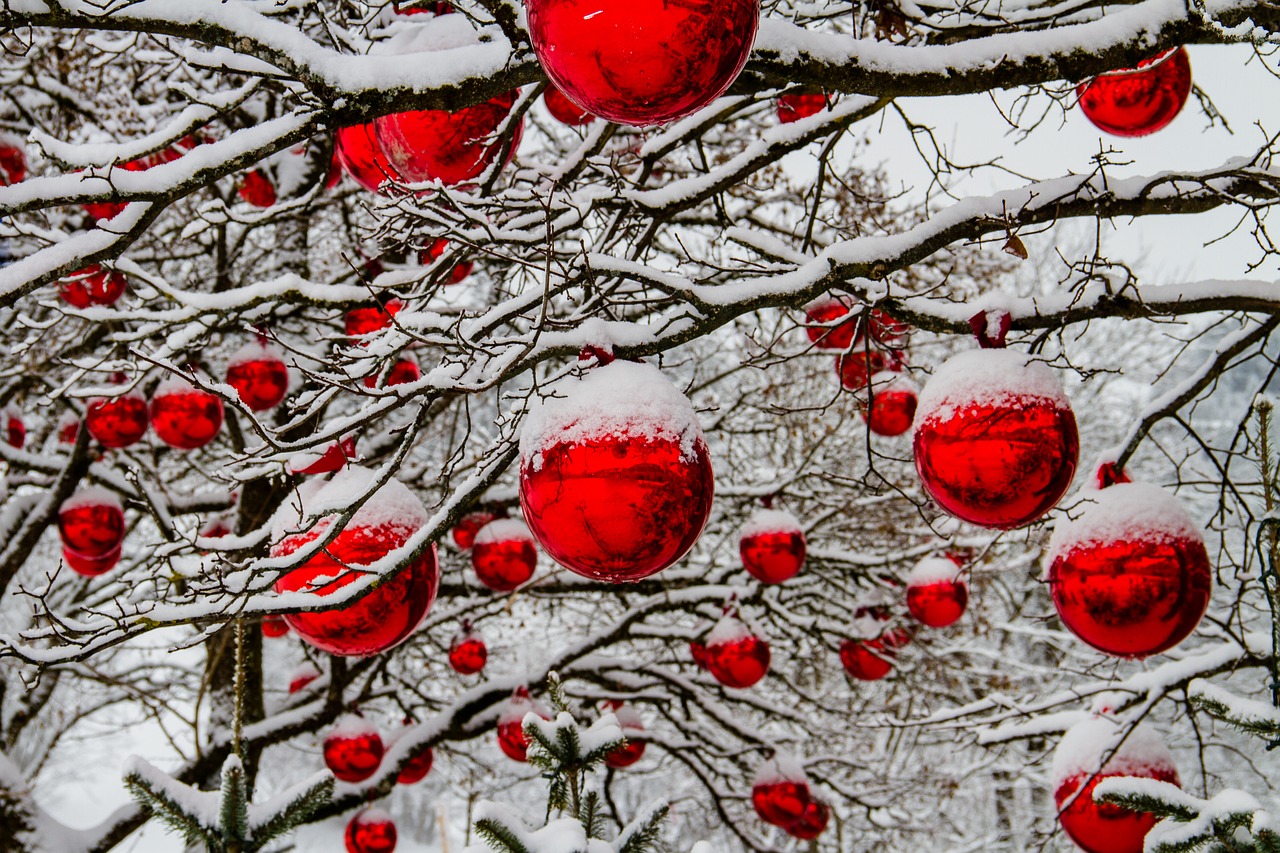 Kalėdos, Žiema, Medis, Sniegas, Rutuliai, Raudona, Medžio Dekoracijos, Kalėdiniai Kamuoliai, Adventas, Apdaila