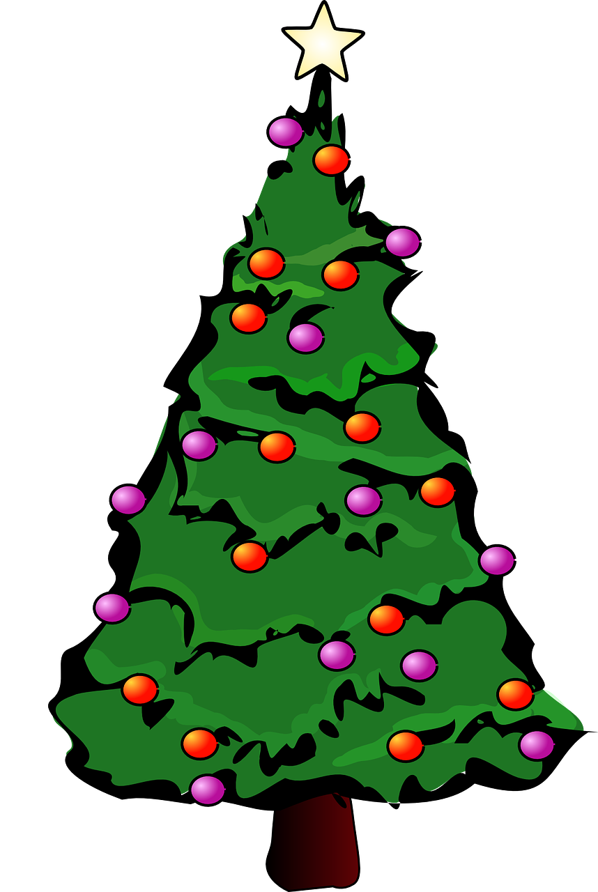 Kalėdos, Medis, Žalias, Papuoštas, Dekoracijos, Papuošalai, Žibintai, Svogūnėliai, Raudona, Balta