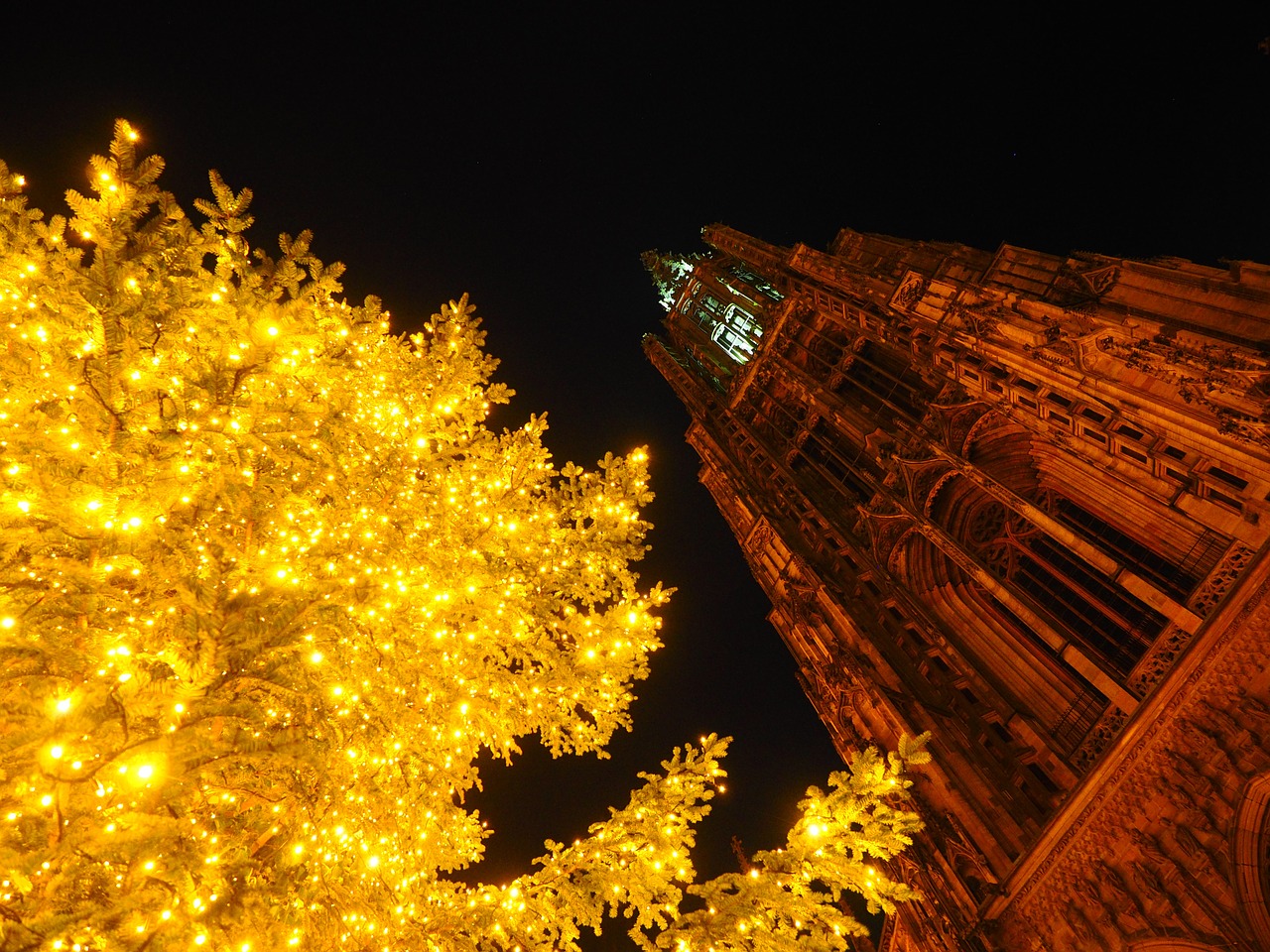 Kalėdos, Kalėdų Žiburiai, Münsteris, Ulmi Katedra, Bažnyčia, Bokštas, Apšvietimas, Lempos, Kalėdų Puošimas, Katedros Aikštė