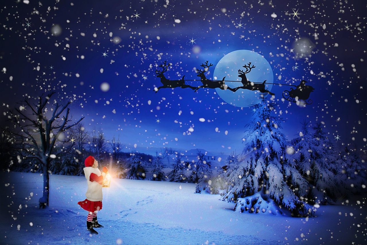 Kūčios, Santa Per Mėnulis, Šventė, Santa, Claus, Išvakarės, Laimingas, Kalėdos, Mėnulis, Šiaurės Elniai