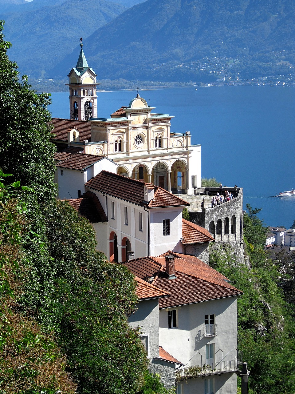 Bažnyčia, Ežeras, Kraštovaizdis, Bažnyčia Piligrimystės, Ticino, Locarno, Šveicarija, Bokštas, Kalnai, Miškas