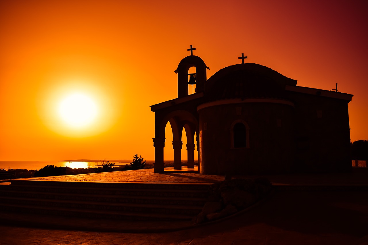 Bažnyčia, Saulėlydis, Šešėliai, Saulė, Spalvos, Popietė, Saulės Šviesa, Religija, Architektūra, Ayia Napa