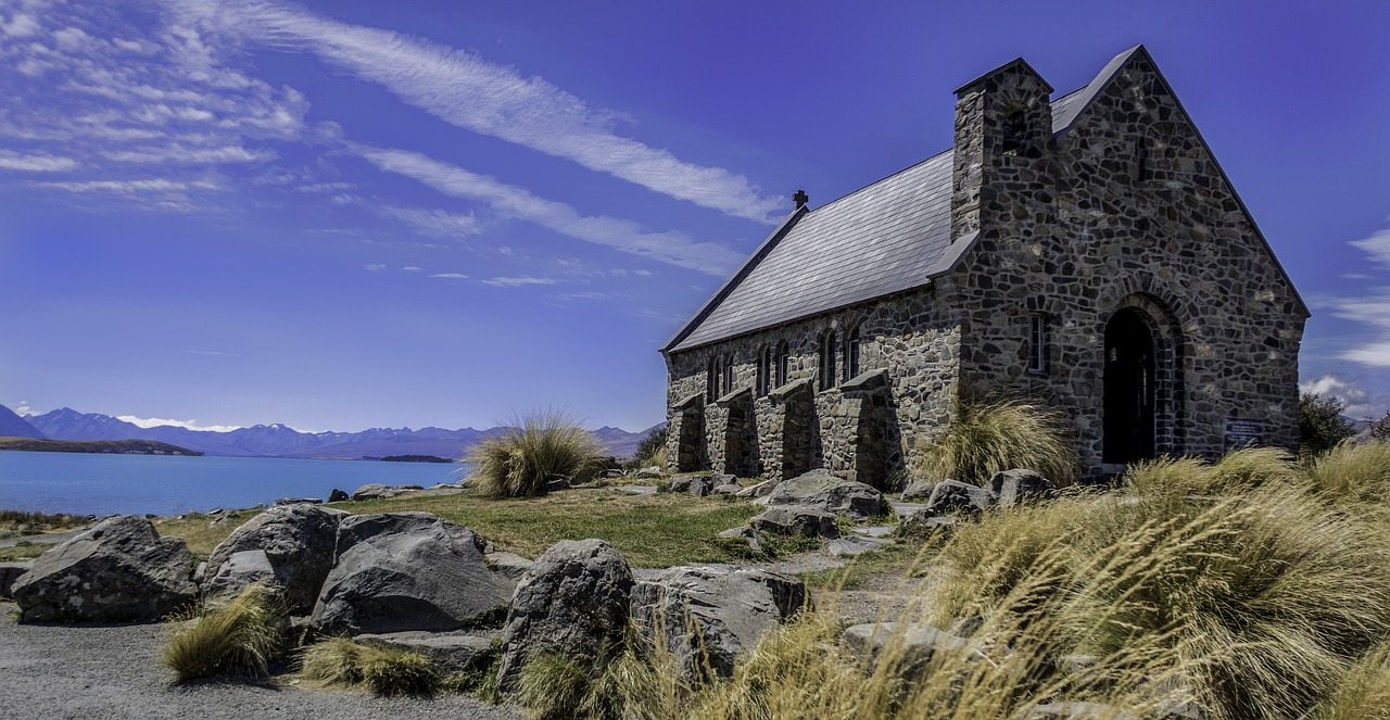 Bažnyčia, Geras Piemens, Ežeras Tekapo, Pietų Sala, Naujoji Zelandija, Ežeras, Mėlynas Vanduo, Vanduo, Mėlynas Dangus, Akmens Bažnyčia