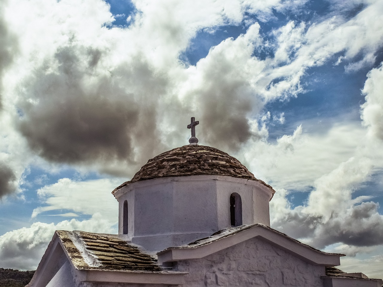 Bažnyčia, Ortodoksas, Religija, Krikščionybė, Architektūra, Kupolas, Dangus, Debesys, Skopelos, Graikija