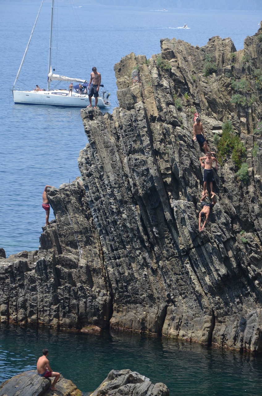 Cinque, Terre, Italy, Rokas, Šokinėti, Plaukti, Vasara, Mar, Jaunas, Žmonės