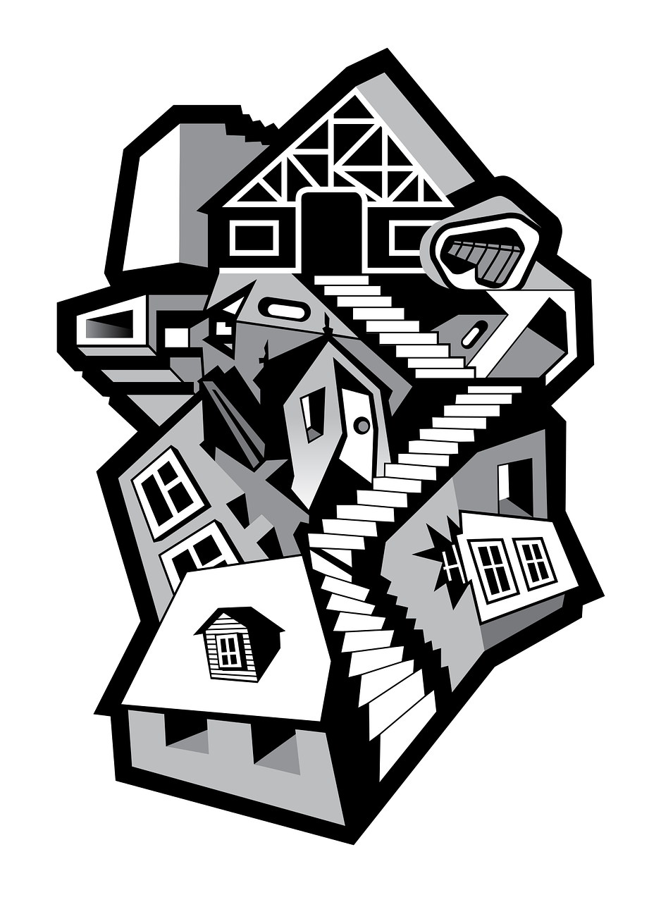 Miestas, Kompozicija, Escher, Geometrija, Namas, Iliuzija, Optinis, Laiptai, Miestas, Nemokama Vektorinė Grafika