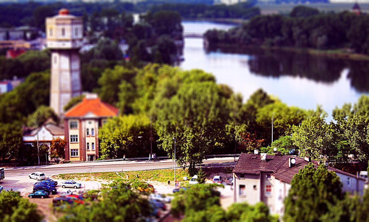 Miestas, Kelias, Upė, Lenkija, Lenkija, Kruszwica, Pakreipti, Poslinkis, Tilt-Shift, Pastatas