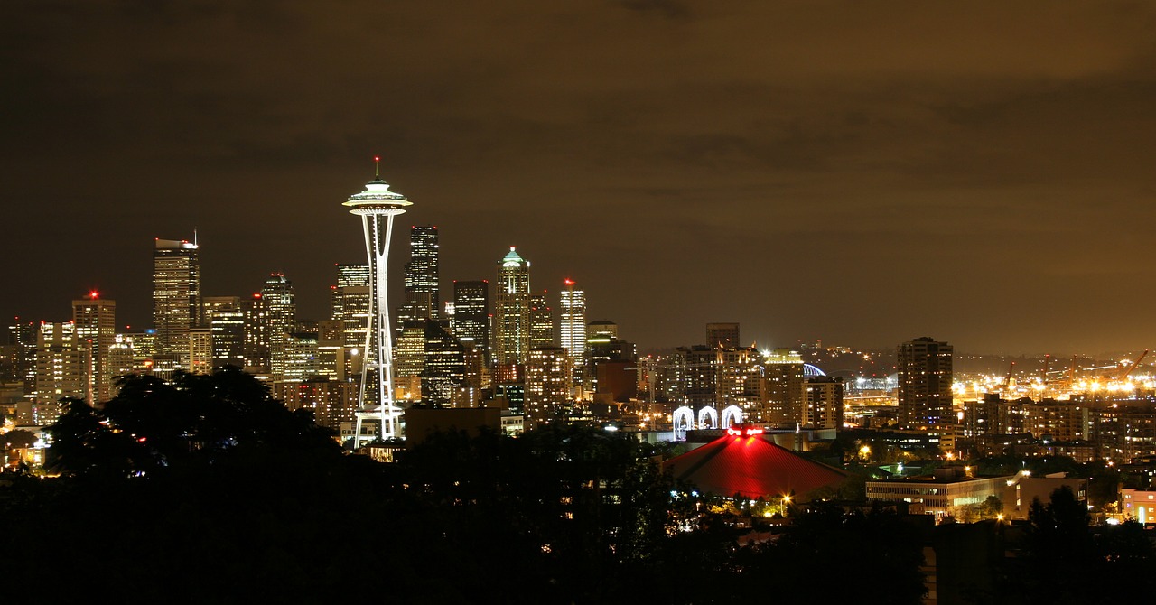 Miesto Panorama, Seattle, Centro, Kosmoso Adata, Dangoraižiai, Miesto, Bokštas, Biurai, Žibintai, Naktis