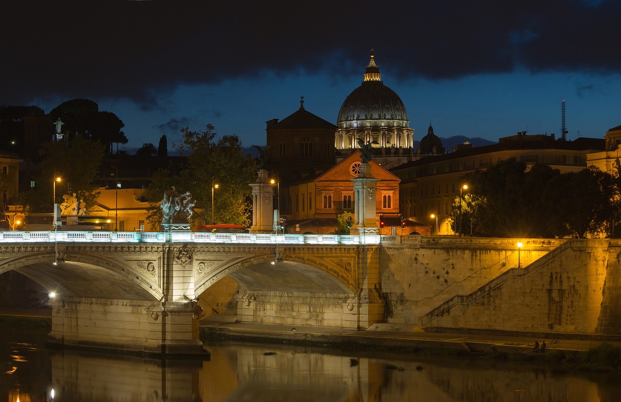 Miesto Panorama, Vakaras, Dusk, Saint-Peter Bazilika, Vittorio-Emmanuele Ii Tiltas, Tiber Upė, Roma, Italy, Europa, Twilight