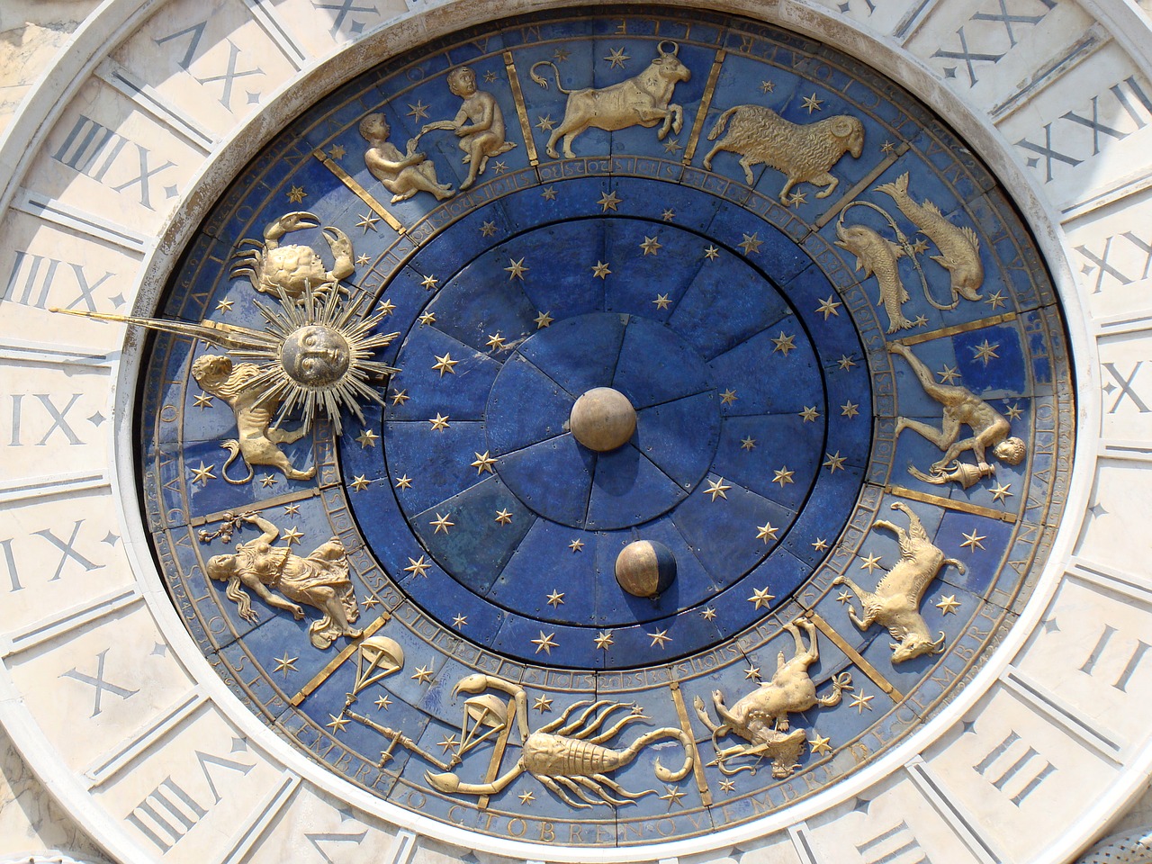 Laikrodis, Venecija, Architektūra, Paminklas, Mėlynas, Auksinis, Gražus, Zodiako Ženklai, Diena Naktis, Italy