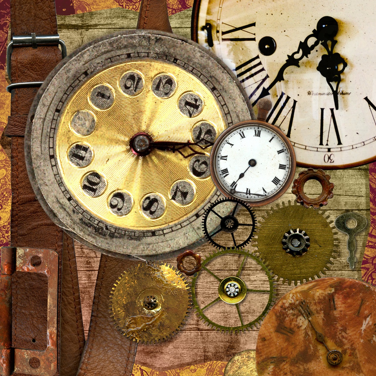 Laikrodžiai, Fonas, Popierius, Tekstūra, Koliažas, Oda, Įrankiai, Laikas, Rinkimas, Menas Ir Amatai
