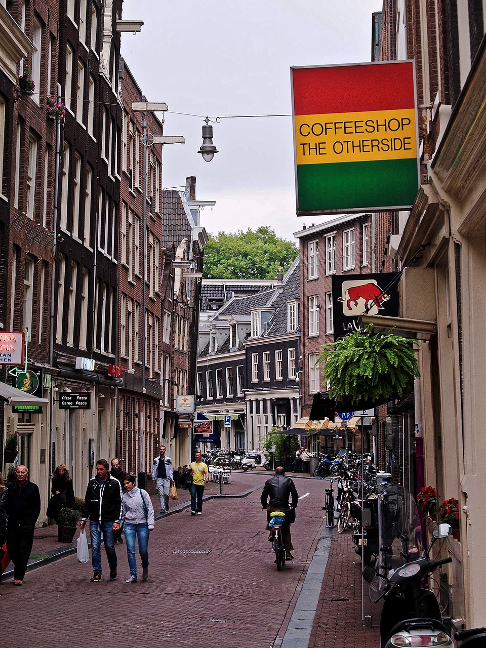 Kava, Kavinė, Kavinė, Amsterdamas, Holland, Nyderlandai, Gatvė, Ženklas, Žmonės, Gatvės Ženklai