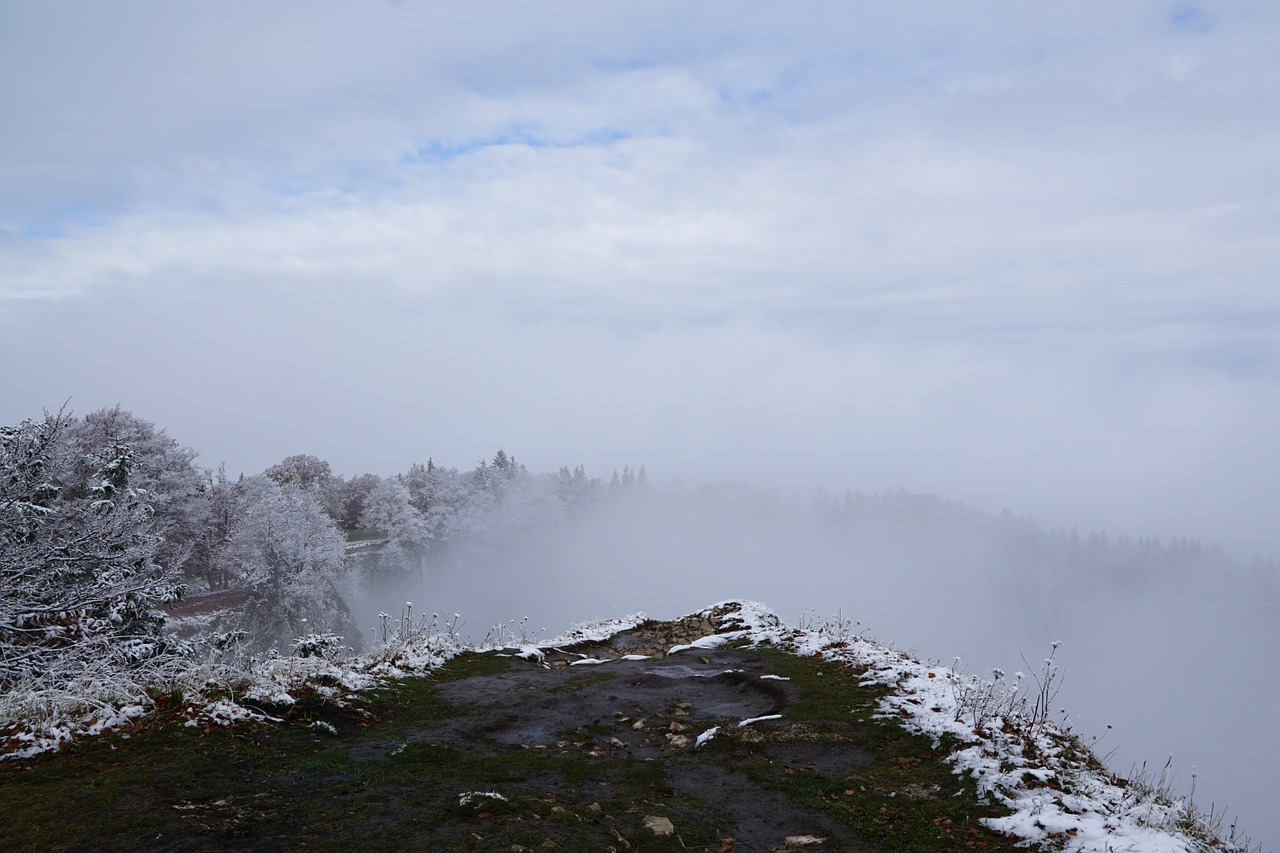 Creux Du Van, Šveicarija, Noiraigue, Swiss Jura, Akmeninė Siena, Siena, Kalnai, Jura, Žiema, Rūkas