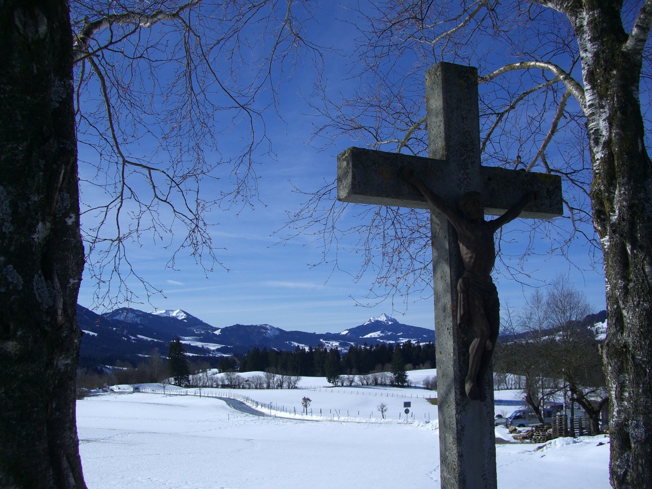Kirsti, Akmeninis Kryžius, Žiema, Sniegas, Kalnų Panorama, Dangus, Mėlynas, Allgäu, Frisch, Fromm