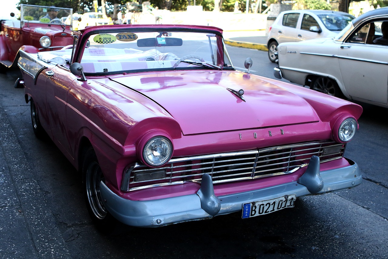 Kuba, Automobilis, Ford, Rožinis, Taksi, Vintage, Havana, Senas, Kelionė, Karibai