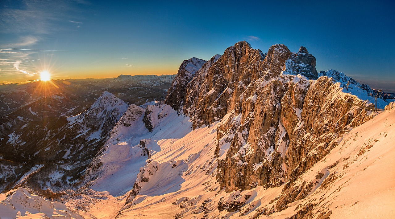 Dachsteinas, Austria, Auksinė Valanda, Alpių, Kalnai, Kraštovaizdis, Gamta, Rokas, Aukščiausiojo Lygio Susitikimas, Ledynas