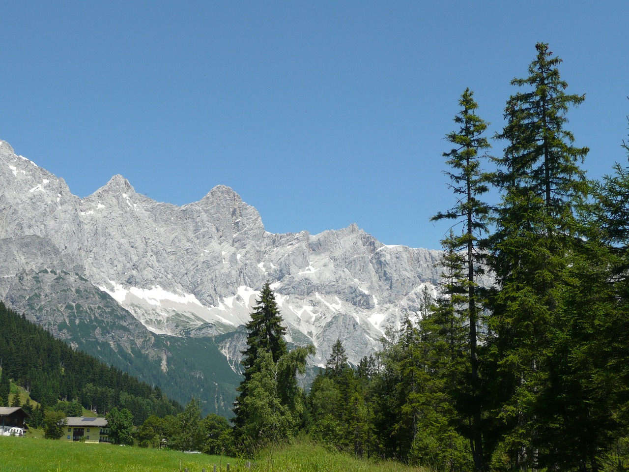 Dachsteinas, Kalnai, Austria, Europa, Kraštovaizdis, Gamta, Medis, Žalias, Mėlynas, Dangus