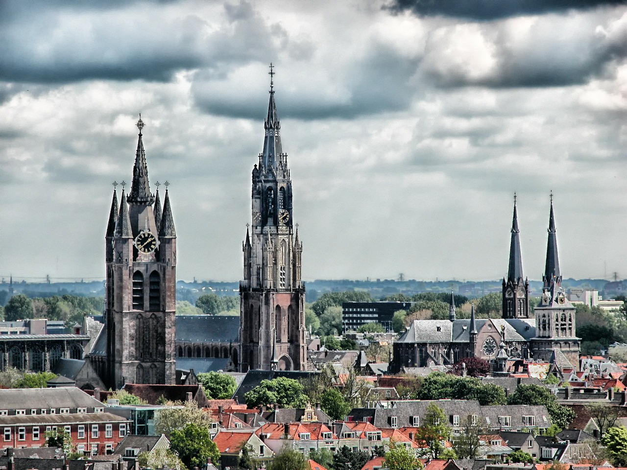 Delftas, Nyderlandai, Miestas, Panorama, Pastatai, Bažnyčios, Miestai, Miesto, Dangus, Debesys