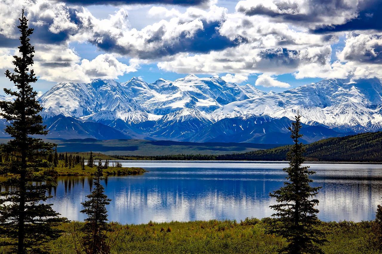 Denali Nacionalinis Parkas, Alaska, Dangus, Debesys, Kalnai, Sniegas, Stebuklas Ežeras, Apmąstymai, Kalno Denali, Kraštovaizdis