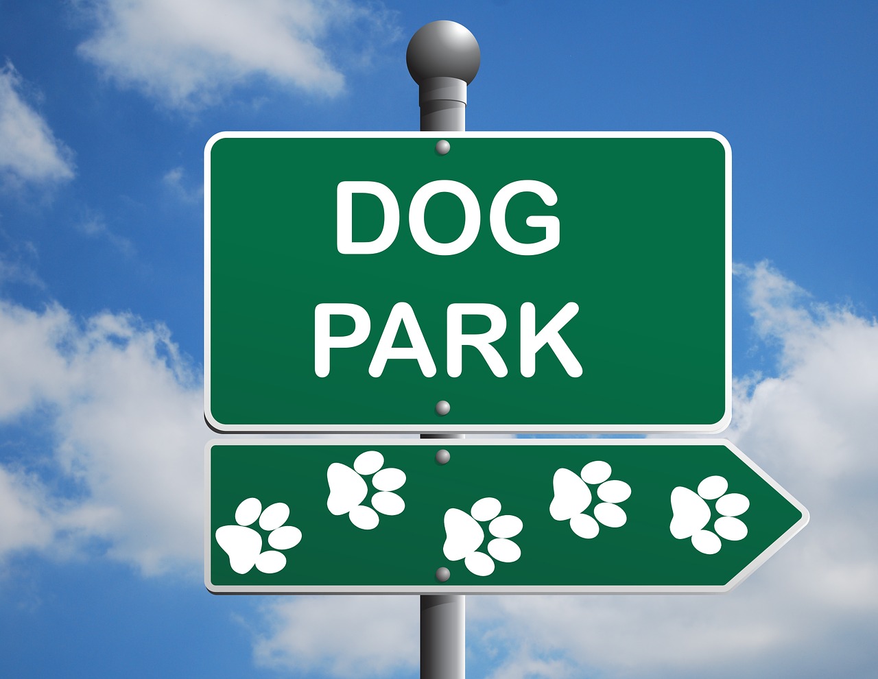 Šunų Parkas, Ženklas, Parkas, Šuo, Žalias, Informacija, Pastebėti, Mėlynas, Dangus, Debesys