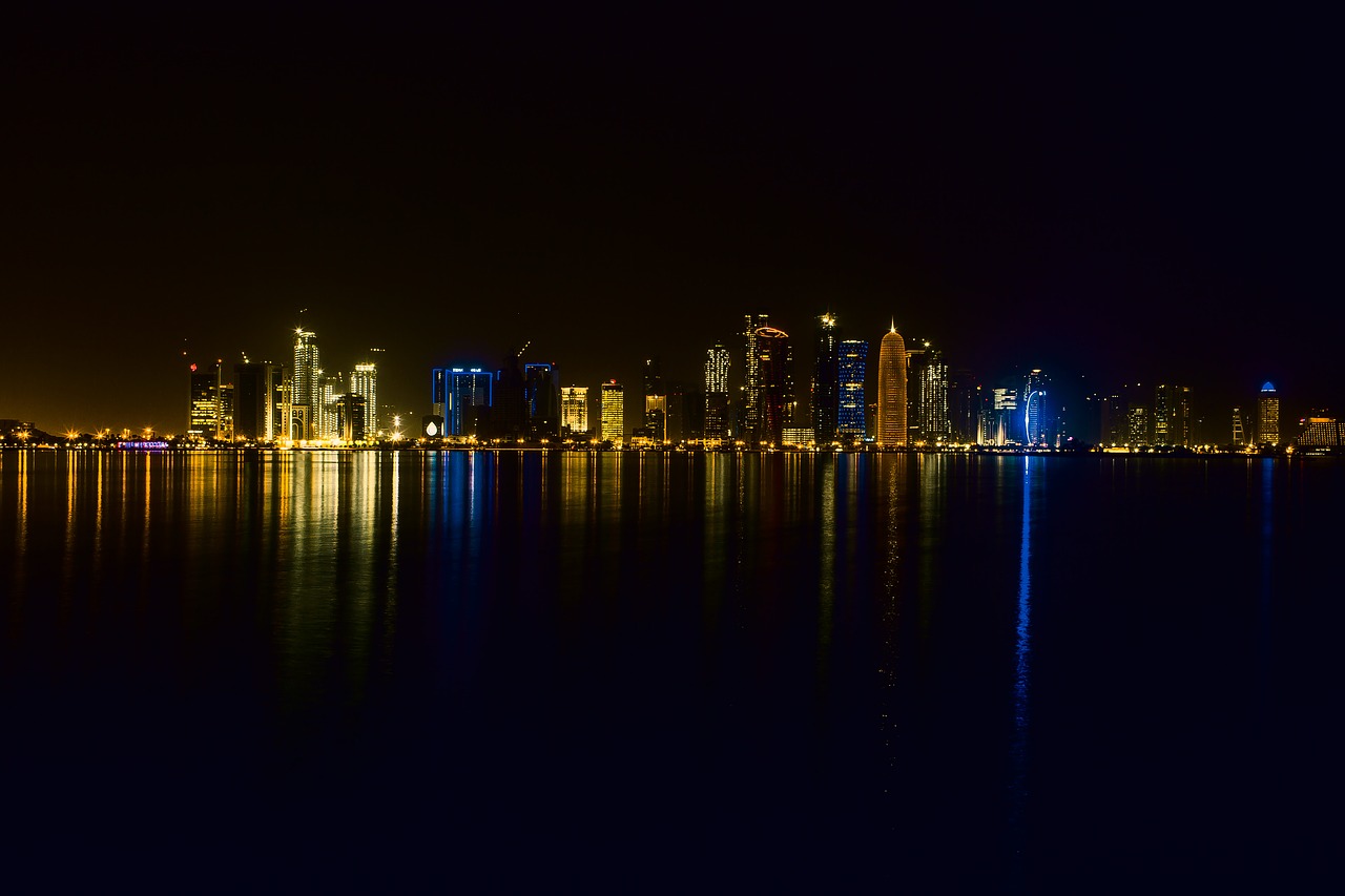 Doha, Kataras, Mečetė, Naktis, Arabiškas, Kelionė, Persų, Panorama, Mėlynas, Orientyras