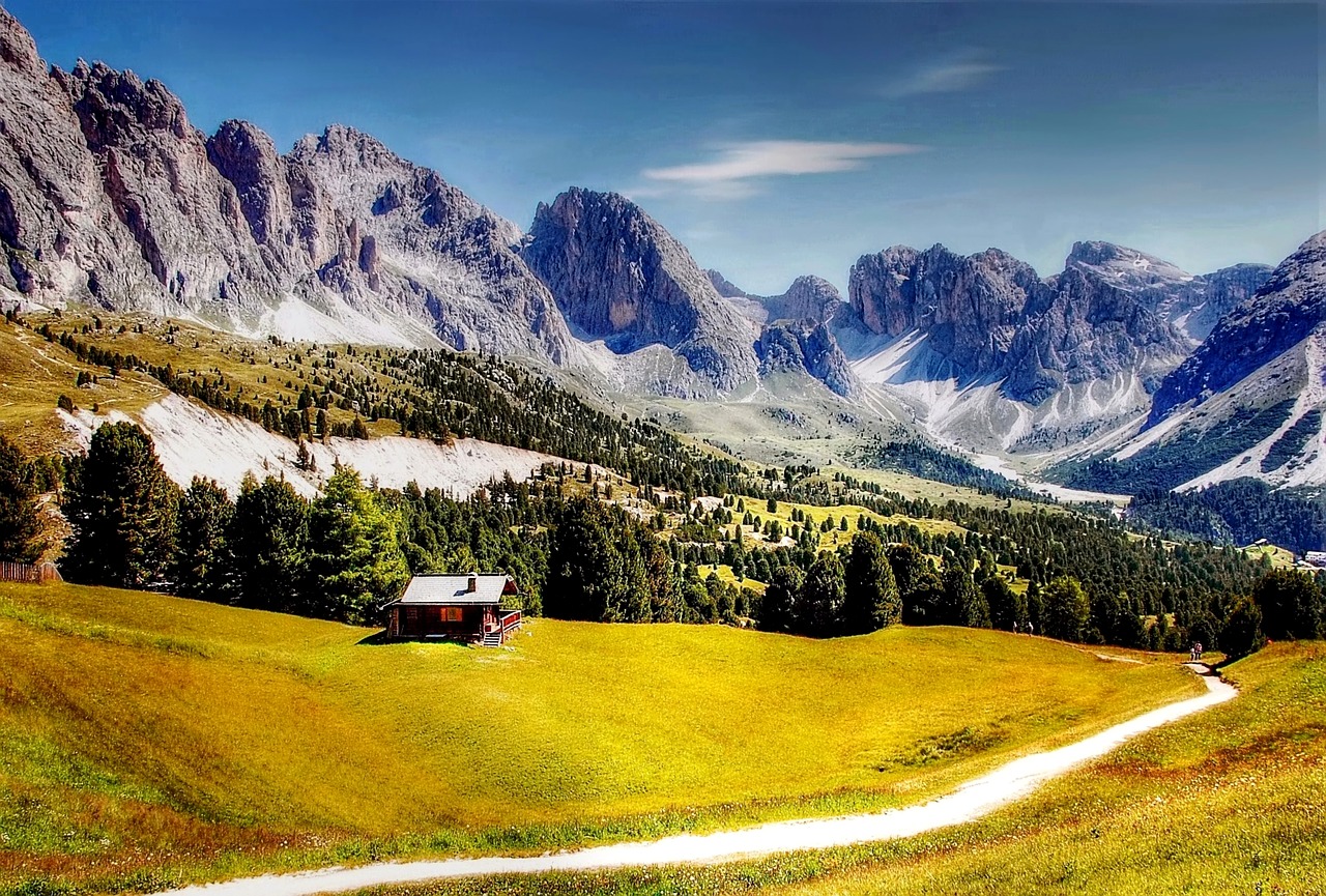 Dolomitai, Val Gardena, Gamta, Kraštovaizdis, South Tyrol, Kalnai, Alpių, Italy, Medžiai, Pieva