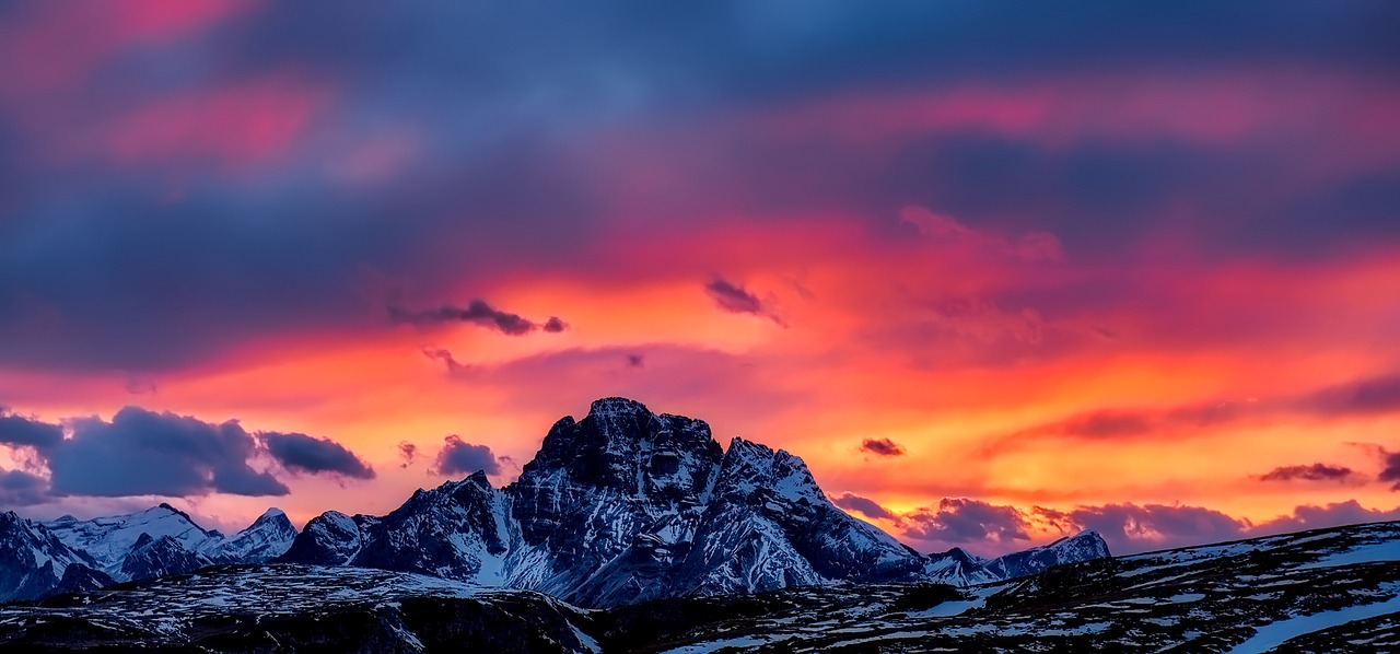 Dolomitai, Italy, Kalnai, Sniegas, Dangus, Debesys, Saulėlydis, Dusk, Panorama, Gamta