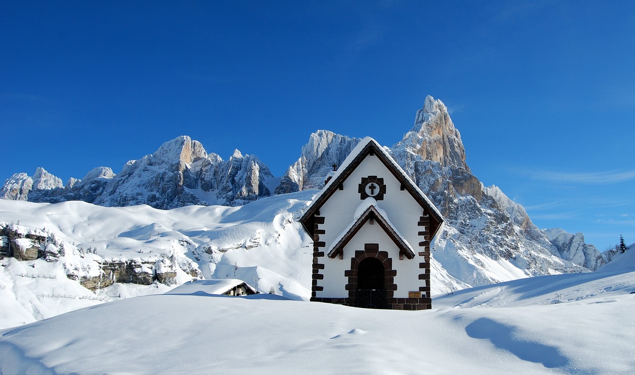 Dolomitai, Bažnyčia, Sniegas, Žiema, Kalnas, Šaltas, Kraštovaizdis, Alpės, Italy, Veneto
