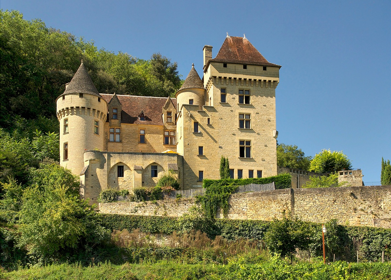 Dordogne, France, Malartrie Pilis, Rūmai, Pastatas, Architektūra, Dangus, Debesys, Siena, Lauke
