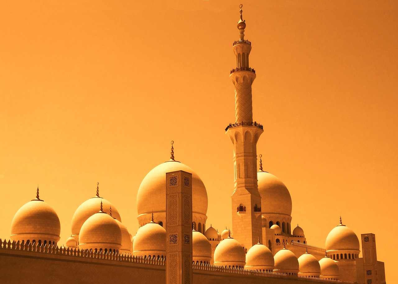 Dubai, Mečetė, Oranžinė, Auksas, Oranžinis Dangus, Twilight, Kraštovaizdis, Architektūra, Saulė, Vasara