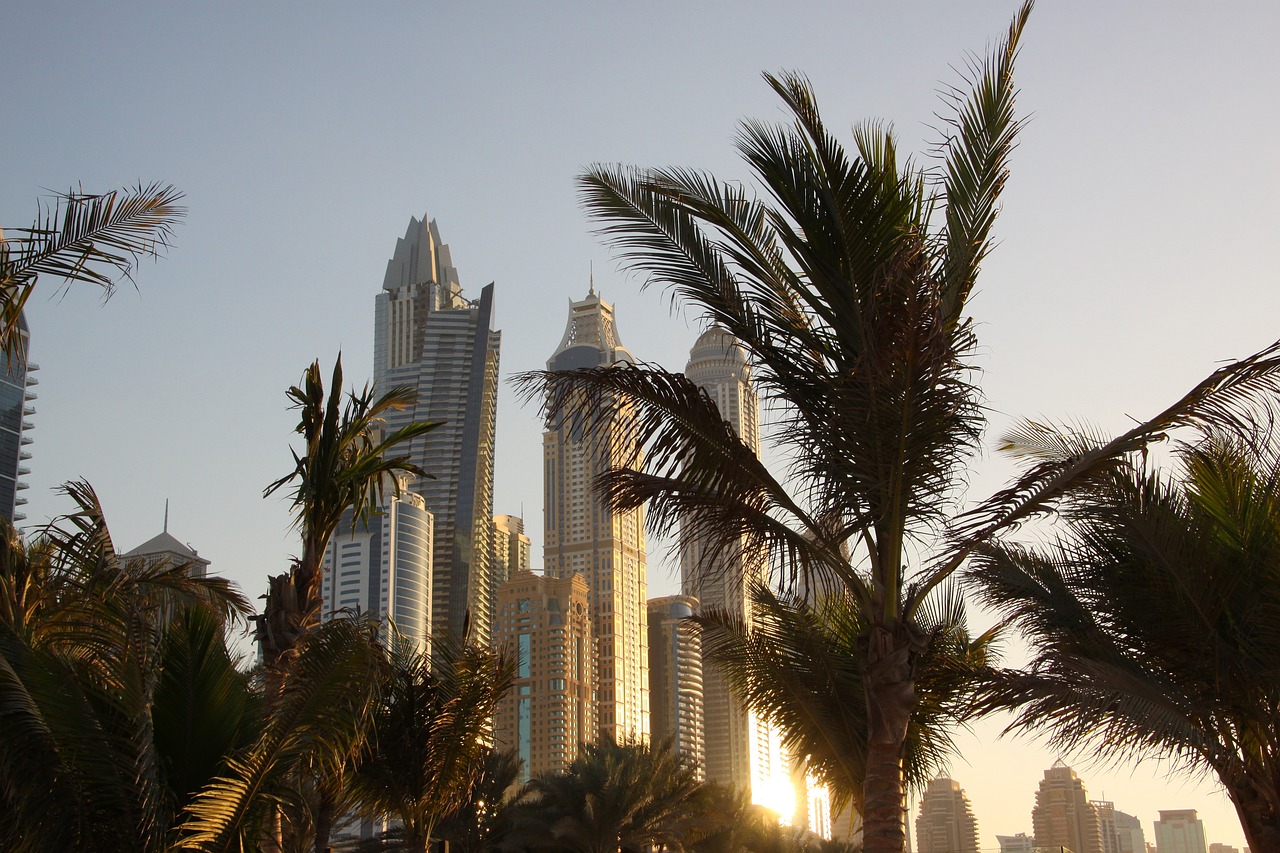 Dubai, Dangoraižiai, Saulėlydis, Vasara, Šiltas, Dubai Marina, Miestas, Pastatas, Dubajus, Dangoraižis