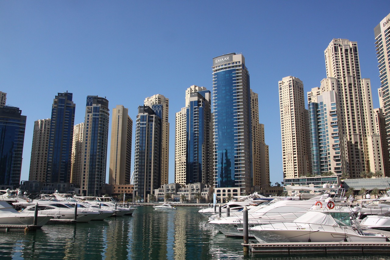 Dubai, Dangoraižiai, Saulėlydis, Vasara, Šiltas, Dubai Marina, Miestas, Pastatas, Dubajus, Dangoraižis