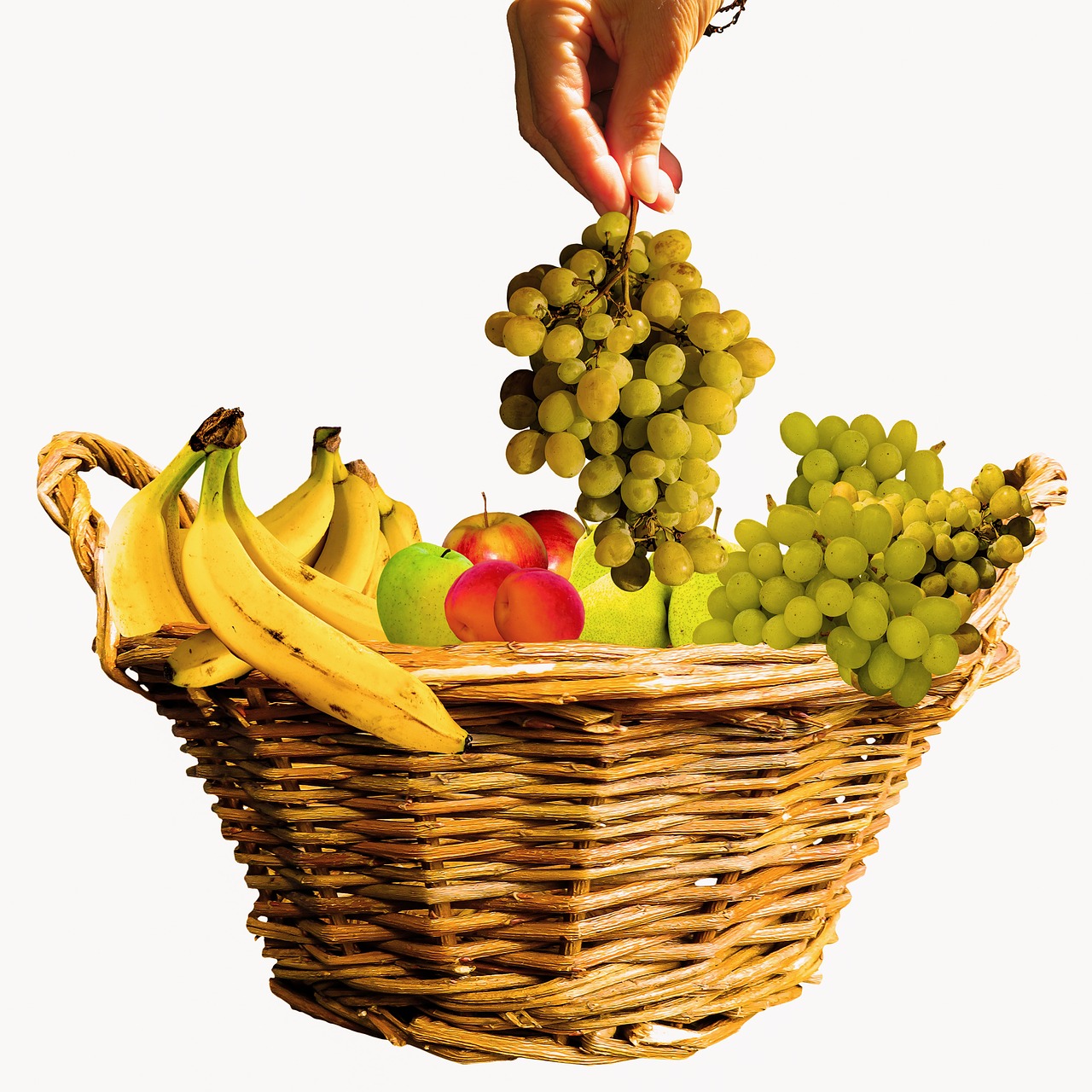 Valgyti, Maistas, Vaisiai, Vaisių Krepšys, Krepšelis, Vaisiai, Vitaminai, Veganas, Bananai, Vynuogės