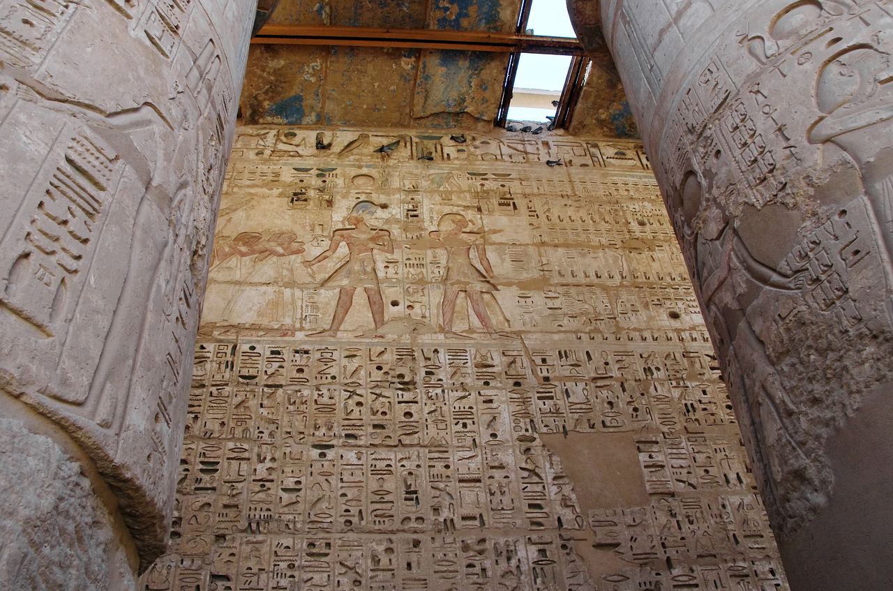 Egiptas,  Tėbai,  Medinet Habu-,  Šventykla,  Hieroglifai,  Spalva,  Sienelę,  Architektūra,  Senovinis,  Religija
