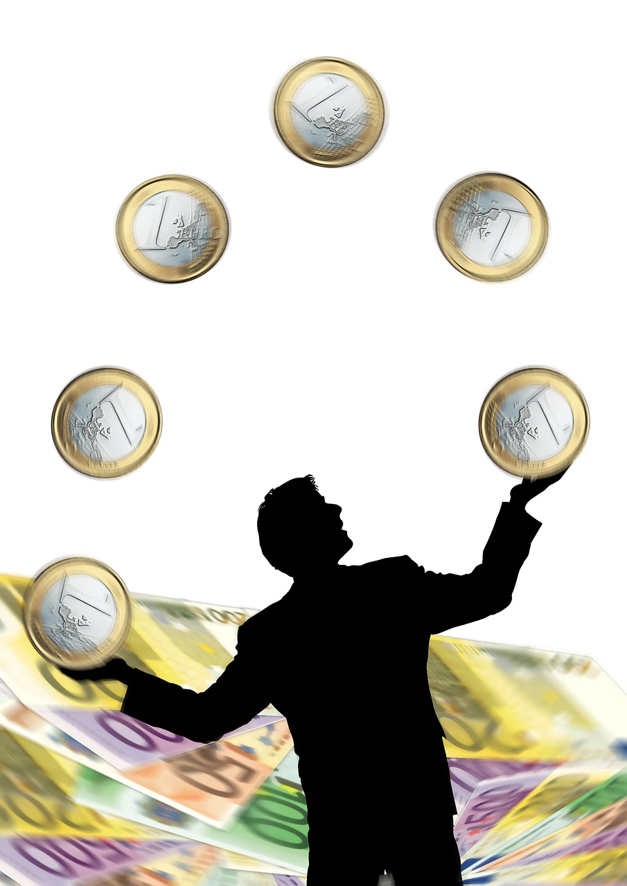 Euras, Monetos, Vyras, Siluetai, Žongliruoti, Krūva, Pinigai, Valiuta, Euro Ženklas, Dolerio Kupiūra