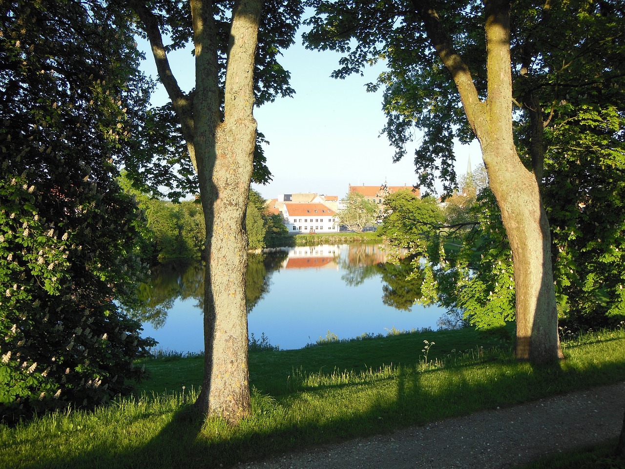 Vakaro Atmosfera, Pilies Ežeras, Miestas, Šviesa Ir Šešėliai, Medžiai, Nyborg, Fuen, Denmark, Miesto Rotušė, Bažnyčios Spiers