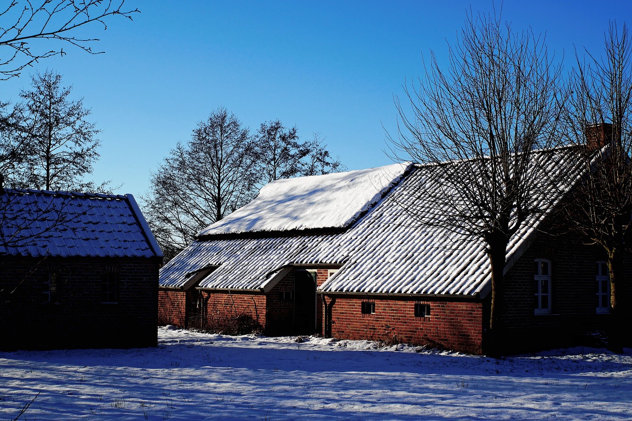 Fehnhaus, Rytinė Frisia, Žiema, Sniegas, Istorinis Išsaugojimas, Senas Fehnhausas, Durų Galai, Gable, Šiaudų Danga, Dangus