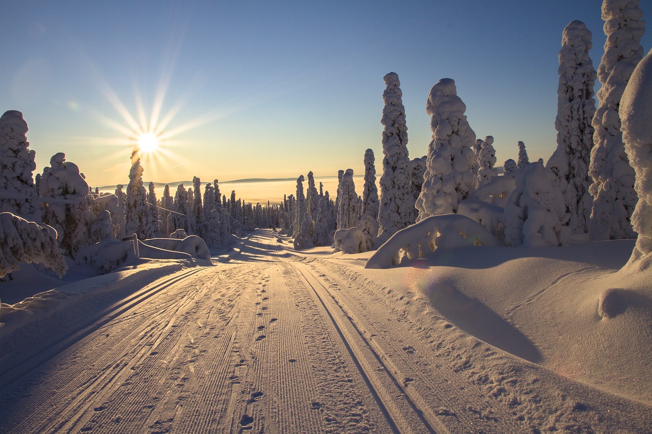Finland, Laplandas, Žiemą, Dviračių Slidinėjimas, Takas, Saulė, Saulėlydis, Žiemos Saulė, Vidurnakčio Saulė, Saulės Spindulys
