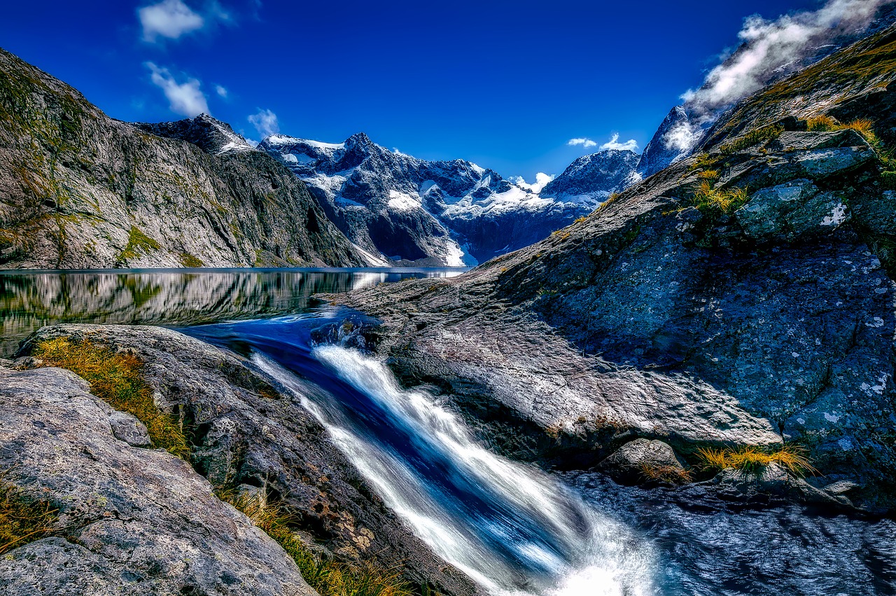 Fiordland Nacionalinis Parkas, Naujoji Zelandija, Kraštovaizdis, Vaizdingas, Kalnai, Sniegas, Ežeras, Vanduo, Upė, Apmąstymai