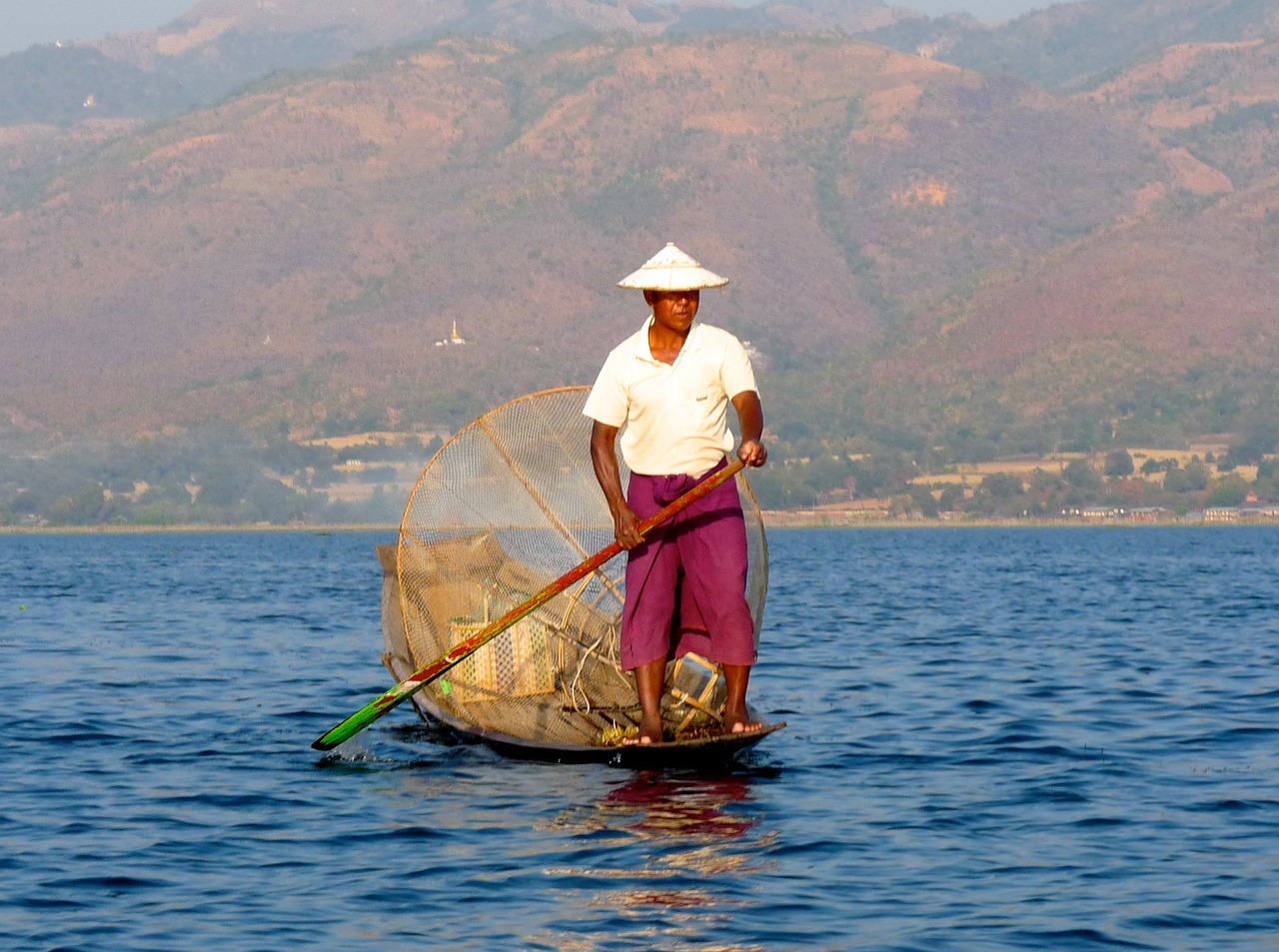 Žvejys, Inle Ežeras, Burma, Žvejyba, Neto, Irklas, Tradicinis, Balansas, Įgūdis, Irklavimas