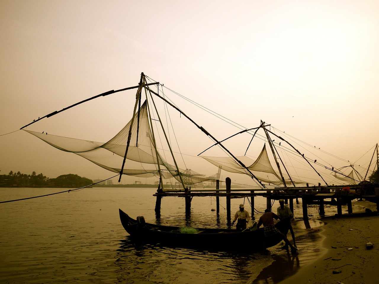 Žvejyba, Kinai, Žvejybos Tinklai, Tradicija, Krantas, Valtys, Kočis, Pakrantė, Kerala, Indija