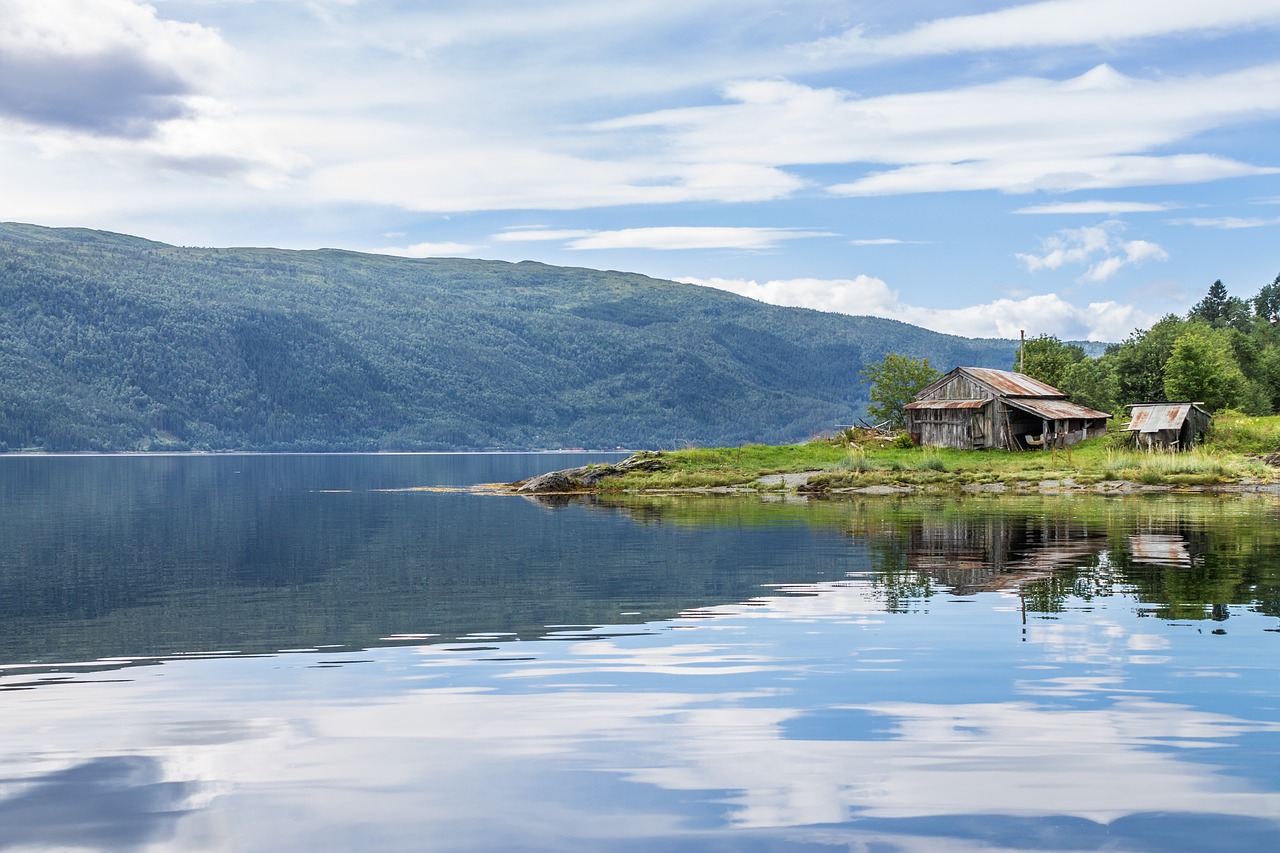 Fjordas, Valčių Namas, Vanduo, Atspindys, Vasara, Norvegija, Diena, Pajūris, Kraštovaizdis, Dangus