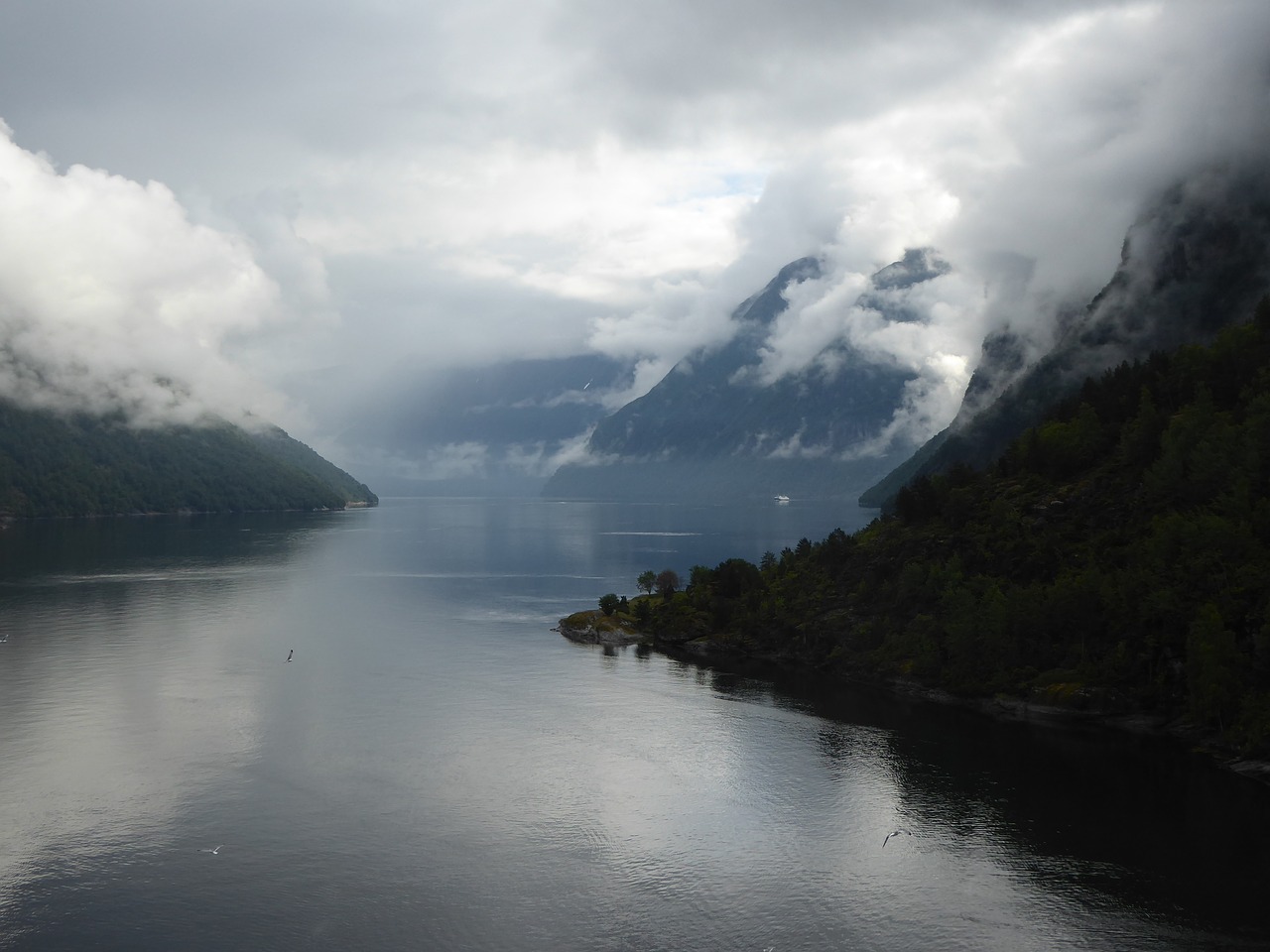 Fjordas, Norvegija, Vanduo, Gamta, Skandinavija, Kraštovaizdis, Laivo Kelionė, Kruizas, Debesys, Kelionė