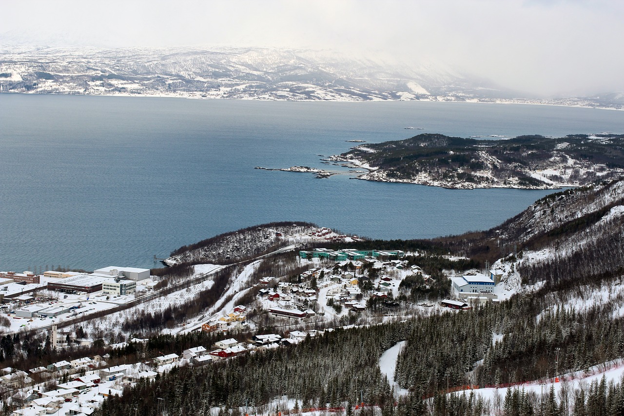 Fjordas, Sniegas, Kraštovaizdis, Vanduo, Gamta, Norvegija, Skandinavija, Debesys, Kalnai, Medžiai