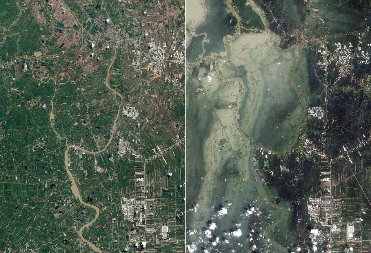 Potvynis, Cunamis, Ayutthaya, Palydovinė Nuotrauka, Oro Vaizdas, Žemė, Žemėlapis, Palydovinis Vaizdas, 2011, Nelaimė