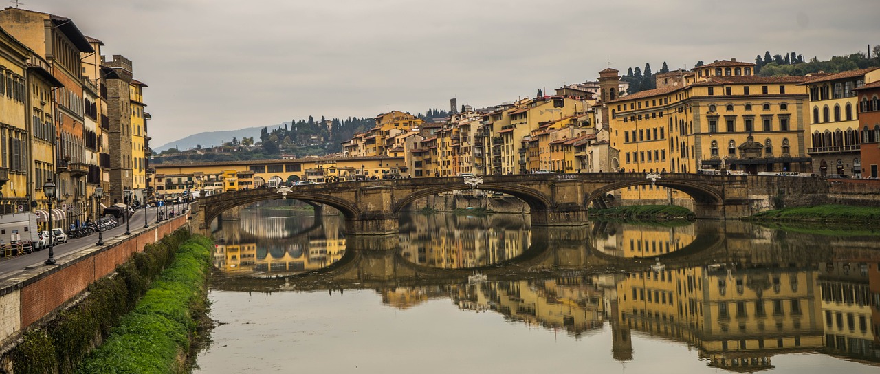 Florencija, Italy, Arno Upė, Europa, Ispanų, Architektūra, Atspindys, Orientyras, Turizmas, Miesto Panorama
