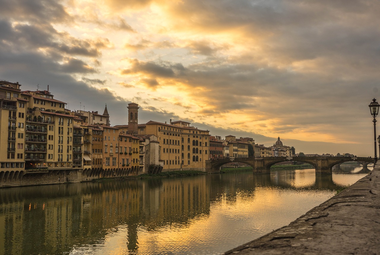 Florencija, Italy, Arno Upė, Saulėlydis, Atspindys, Europa, Architektūra, Miestas, Kelionė, Firenze